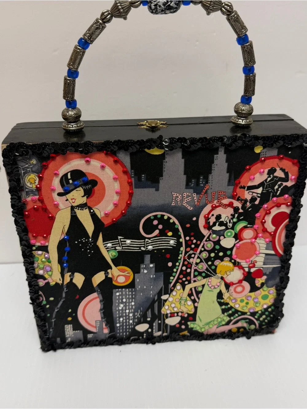 Vintage-Inspired Black cigar box Graphic Beaded Handle Box Bag